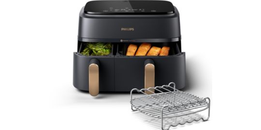 Friteuse sans huile PHILIPS NA352/04 Friteuse sans huile double panier Noir/Doré, Série 3000 9L (3+6L) avec accessoire