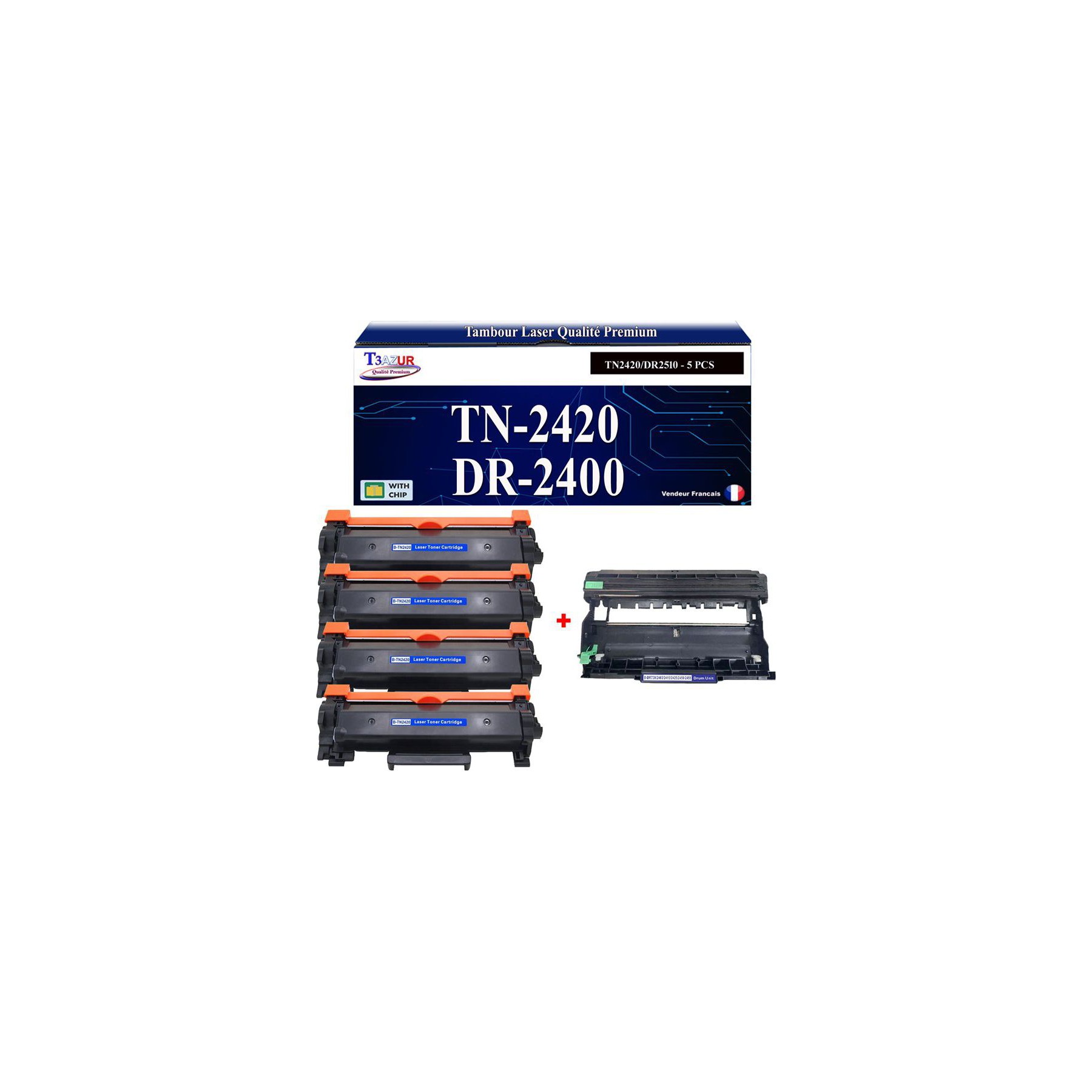 Pack Toner + Tambour T3AZUR Pour Brother MFC-L2750DW (4To+1Ta)