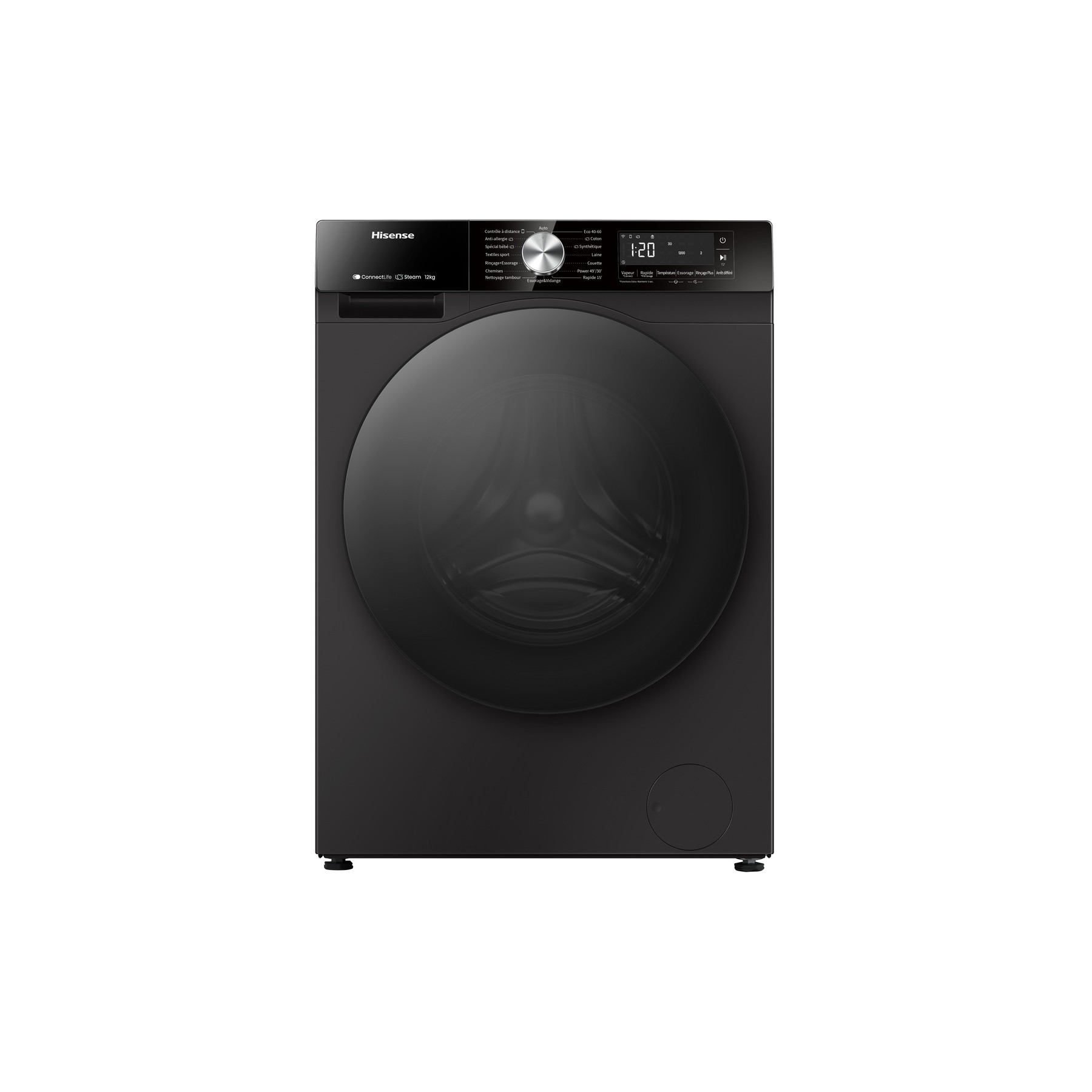 Lave linge hublot HISENSE WF3S1243BB2 - 12 kg - 1400 tr/min - Classe A - Moteur induction - Connecté wifi - Noir