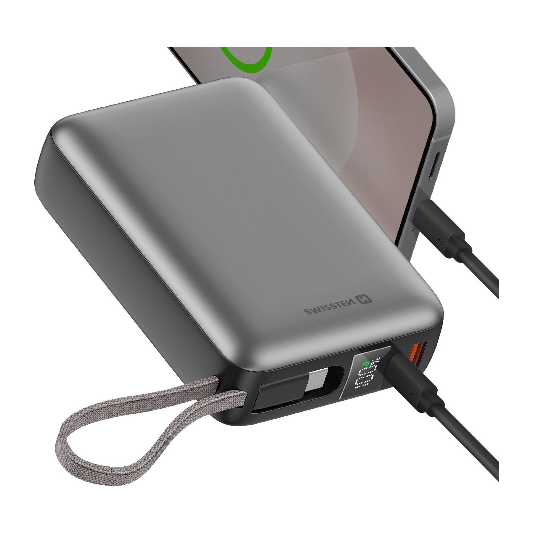 Batterie externe SWISSTEN 20000mAh 45W Câble USB-C intégré Argent