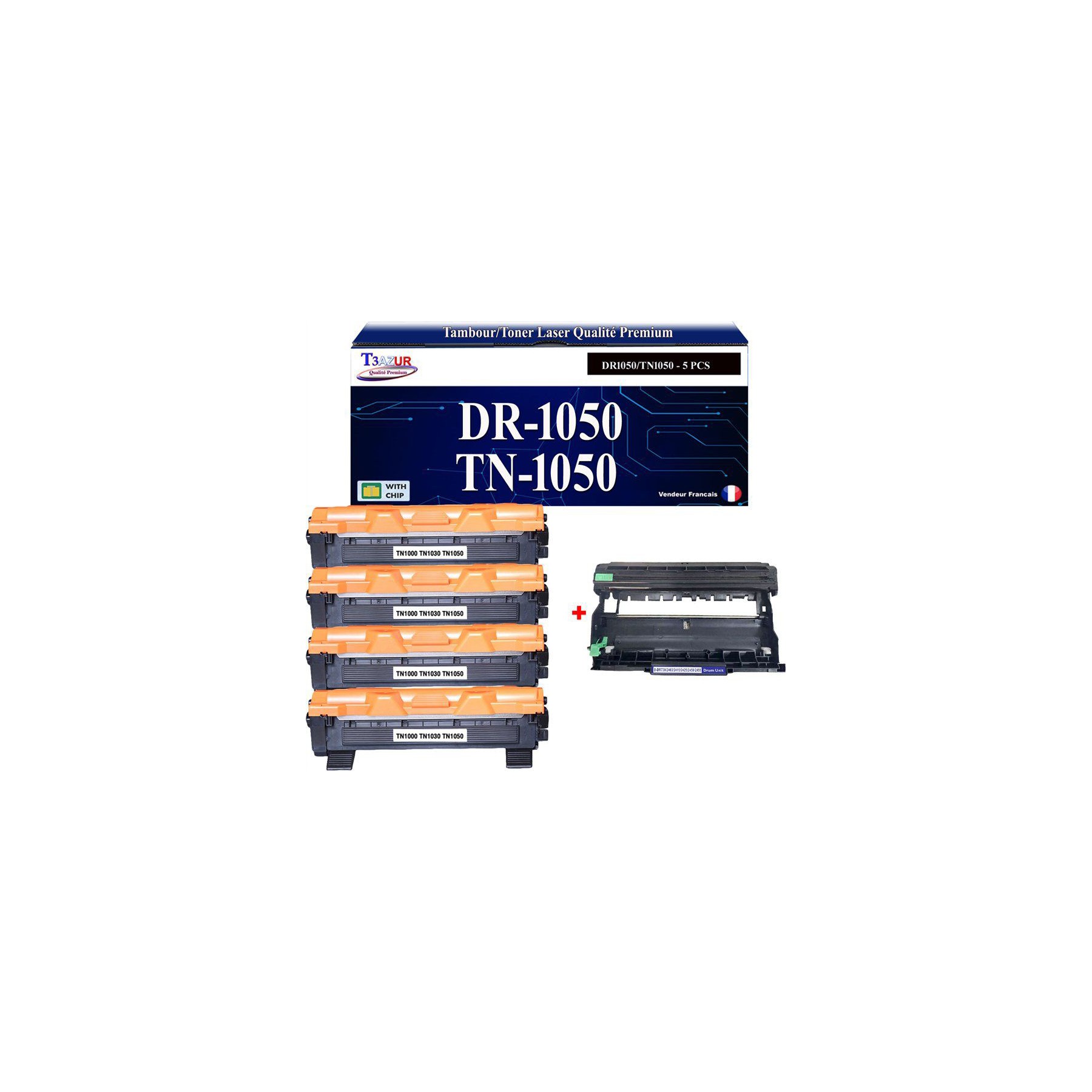 Pack Toner + Tambour T3AZUR Pour Brother HL1110 DCP1510 (4To+1Ta)