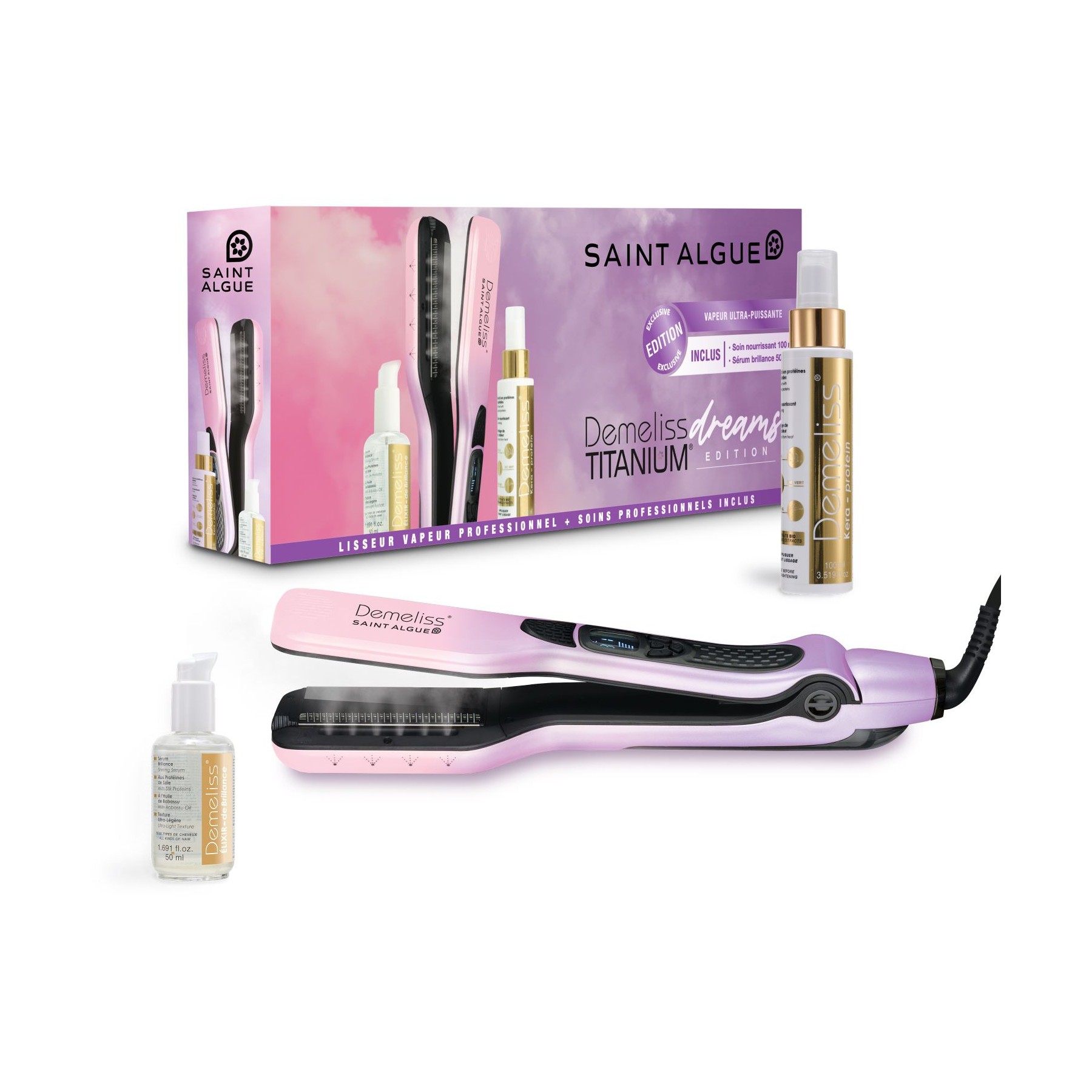Lisseur vapeur SAINT ALGUE Titanium Dreams rose/violet + 2 soins