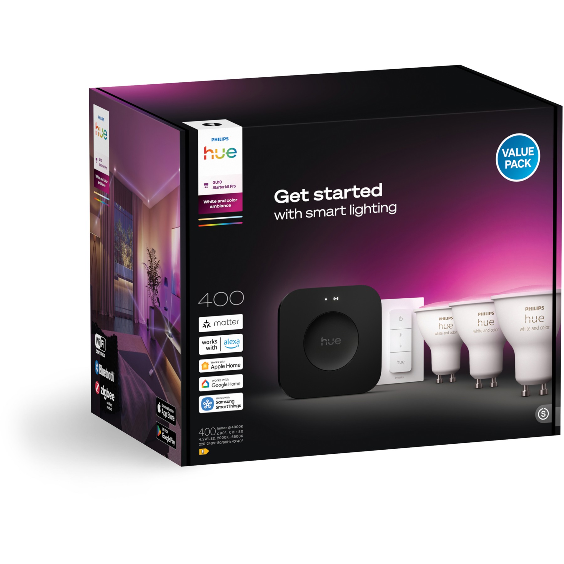 Pack PHILIPS HUE 3/GU10 White&Color Ambiance+PontV2+TLC