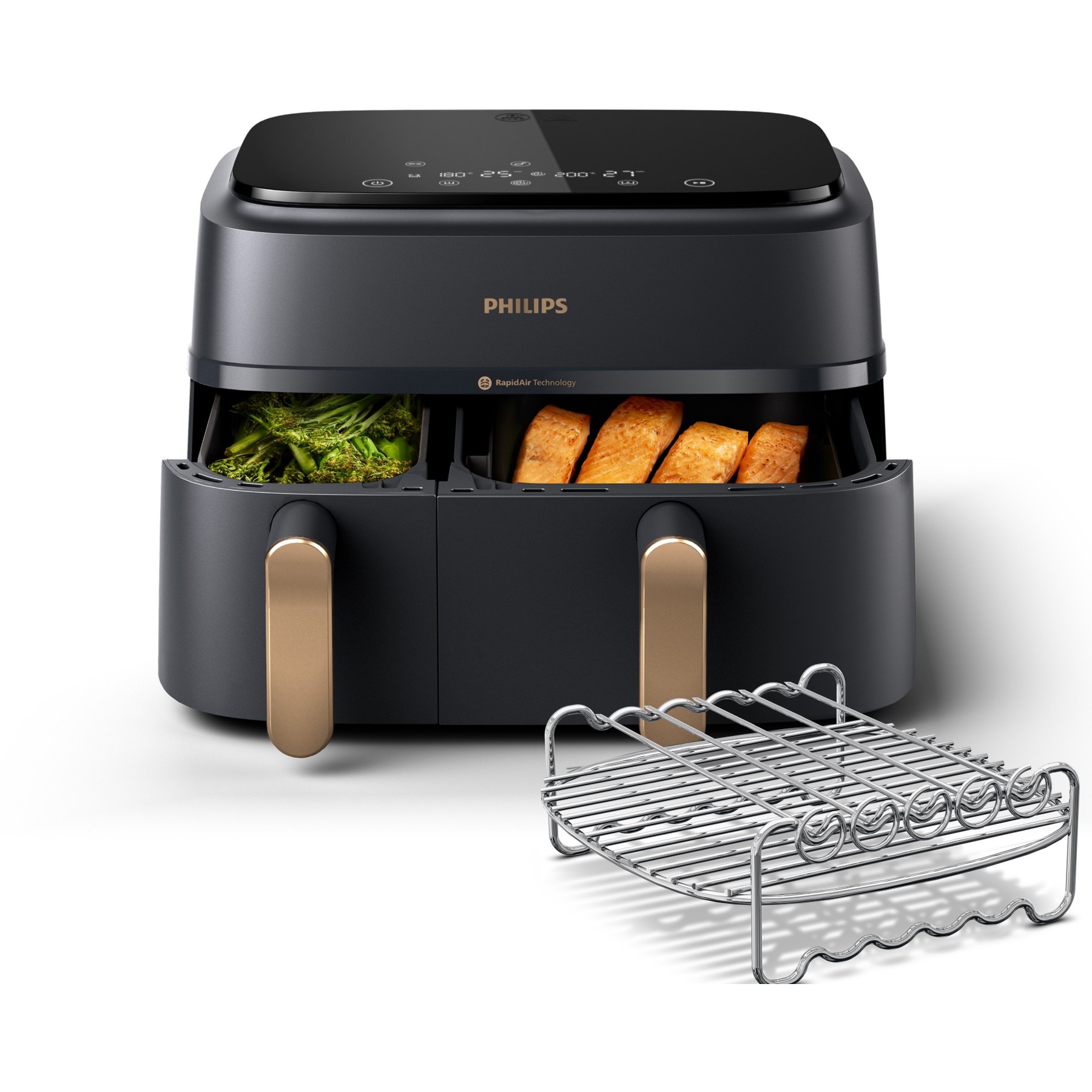 Friteuse sans huile PHILIPS NA352/04 Friteuse sans huile double panier Noir/Doré, Série 3000 9L (3+6L) avec accessoire