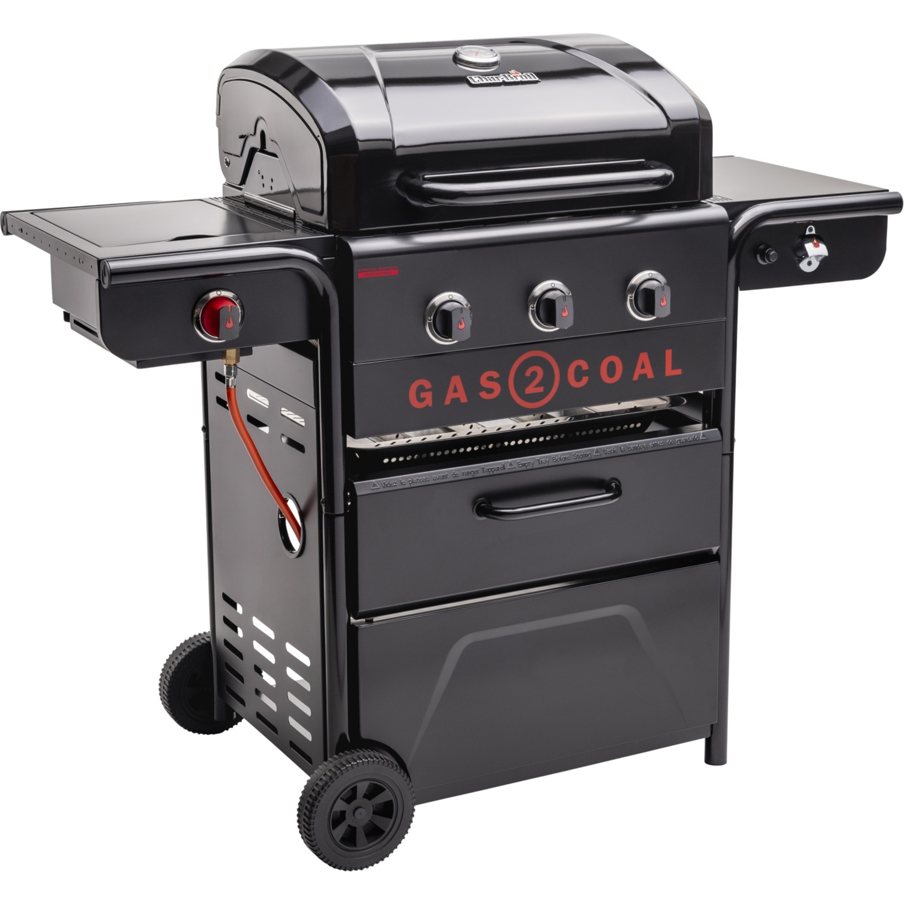 Barbecue gaz CHAR BROIL Gas2Coal 2.0 Special Edition,sur chariot, 4 brûleurs dont 1 latéral, surface de cuisson 64 x 45 cm