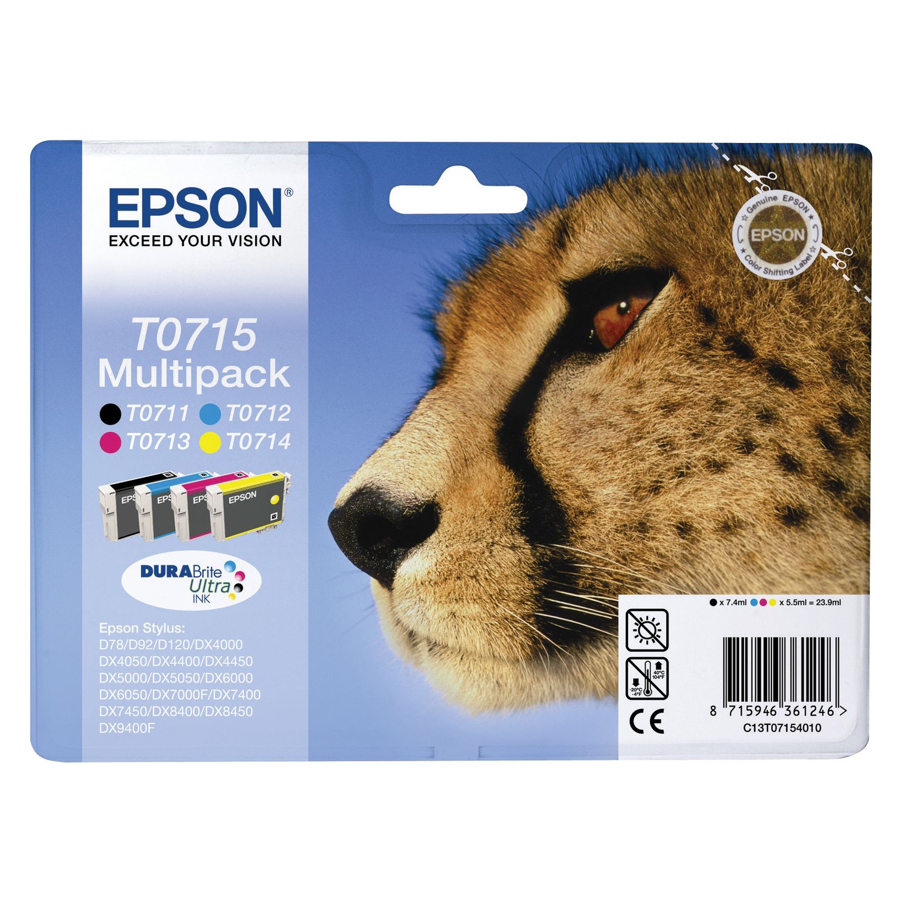 Cartouche d'encre EPSON Pack Multipack 4 Originales T0715 Série Guépard (Noir + 3 Couleurs) - C13T07154010