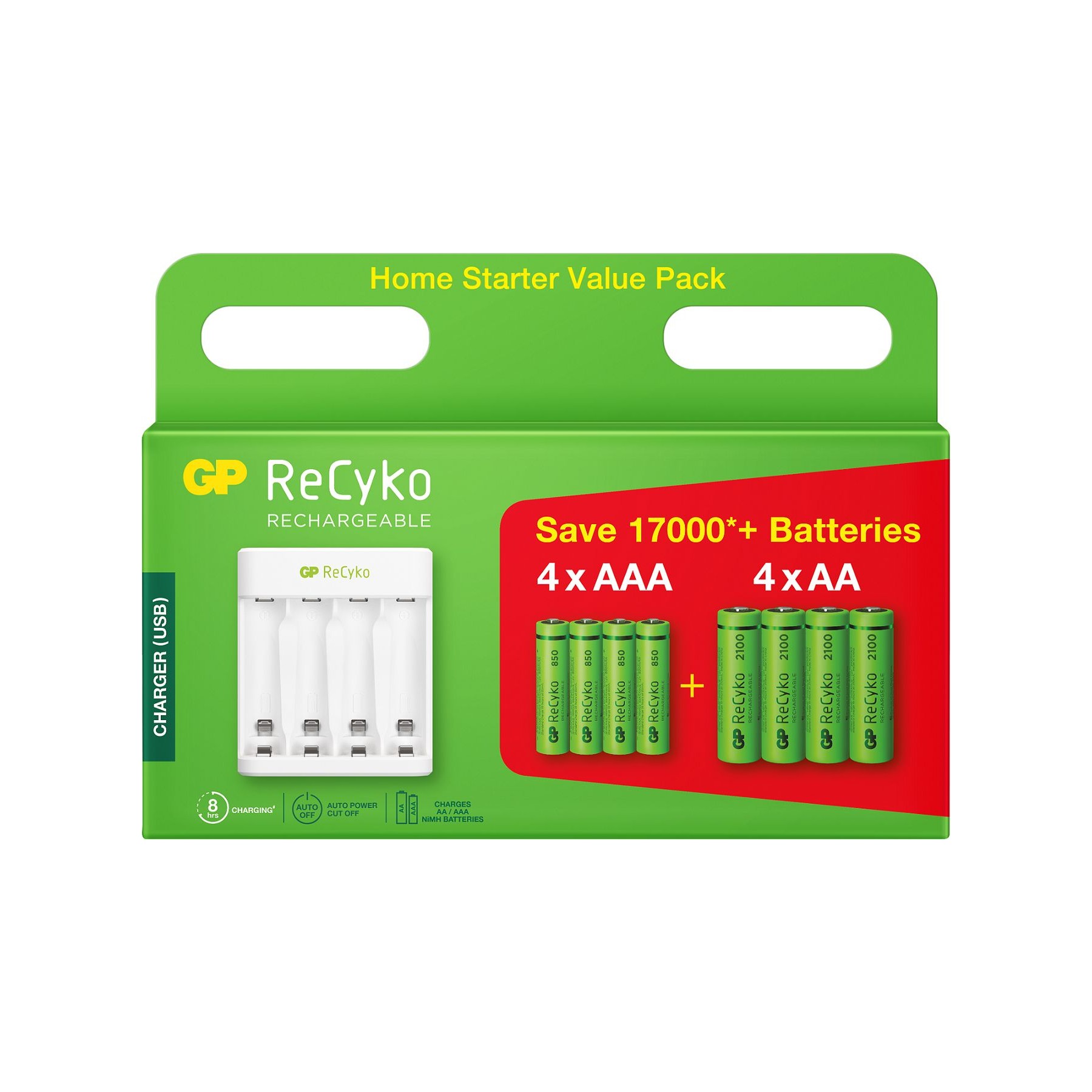 Chargeur secteur GP E411 + LR06 AA x4 + LR03 AAA x4 800 mAh