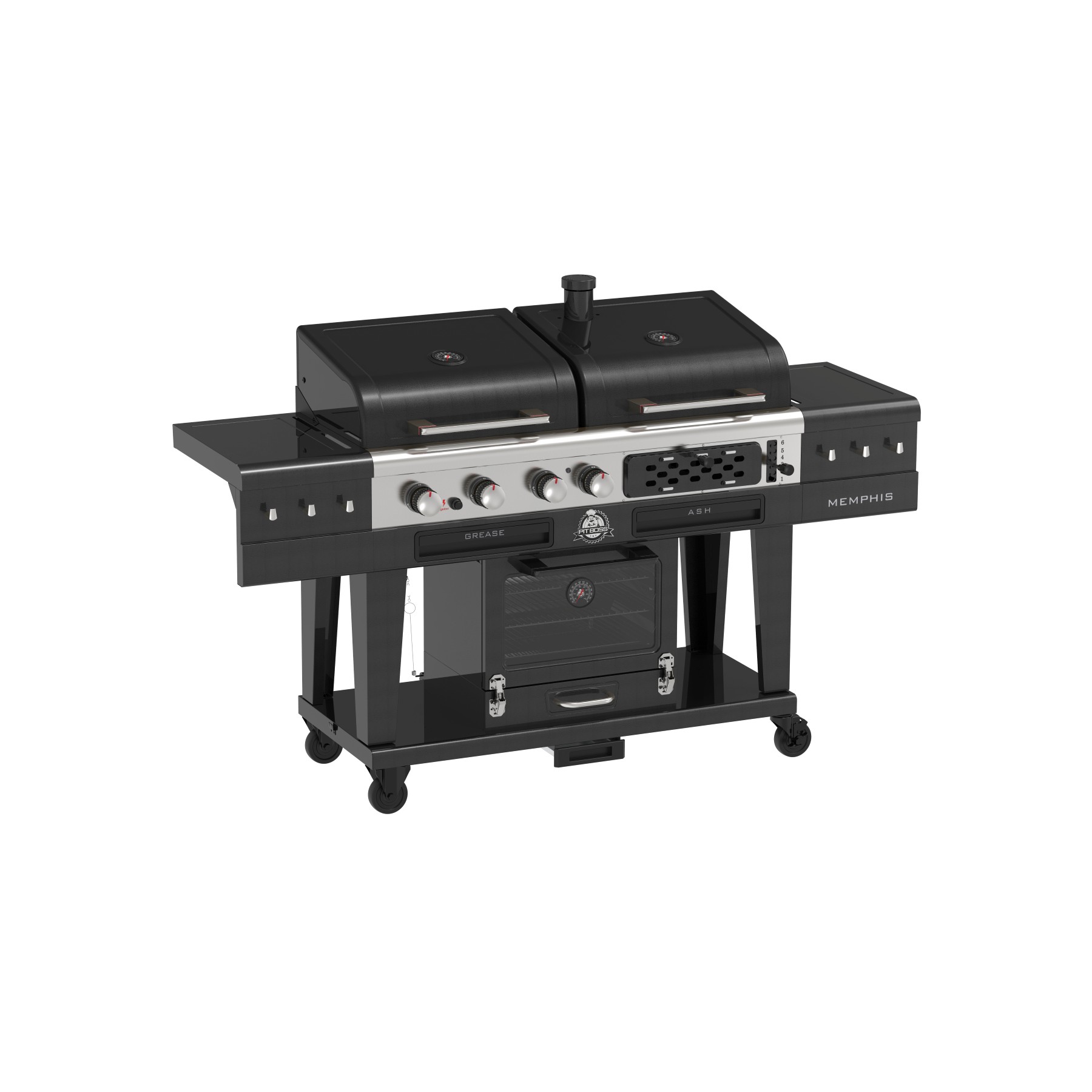 Barbecue gaz PITBOSS MEMPHIS 2.0, sur chariot , une zone de cuisson gaz, une charbon et un fumoir électrique 3 étages.