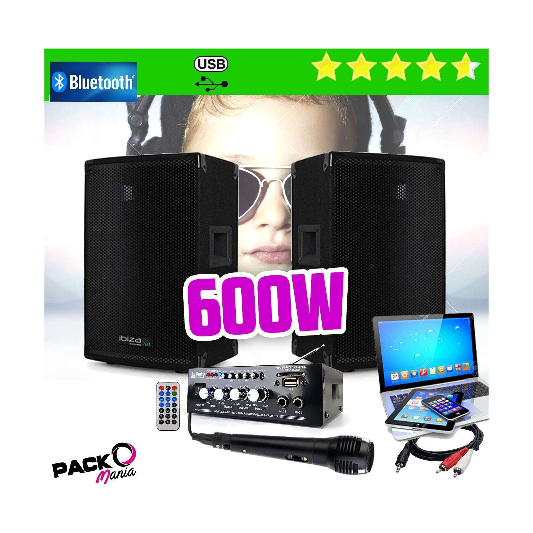 Pack sono BM SONIC Pack sono Ibiza sound 600W total + Ampli