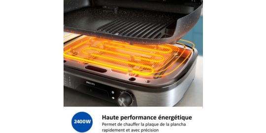 Plancha électrique PHILIPS HD6212/90 Grill de table Série 5000, 50x25 cm, fumoir & diffuseur d'arôme