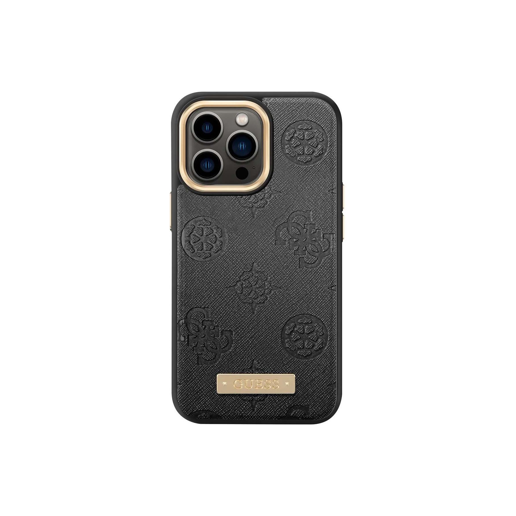 Coque GUESS iPhone 13 Pro PU Peony Metal Plate Noir
