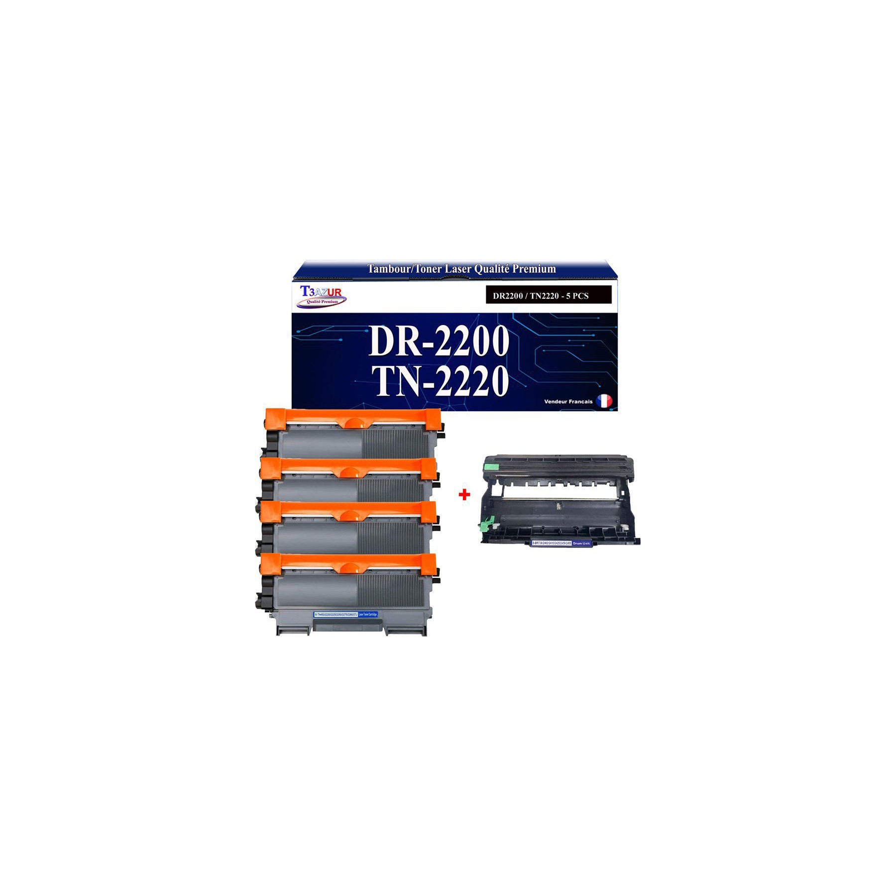 Pack Toner + Tambour T3AZUR Pour Brother DCP7055 DCP7065DN (4To+1Ta)
