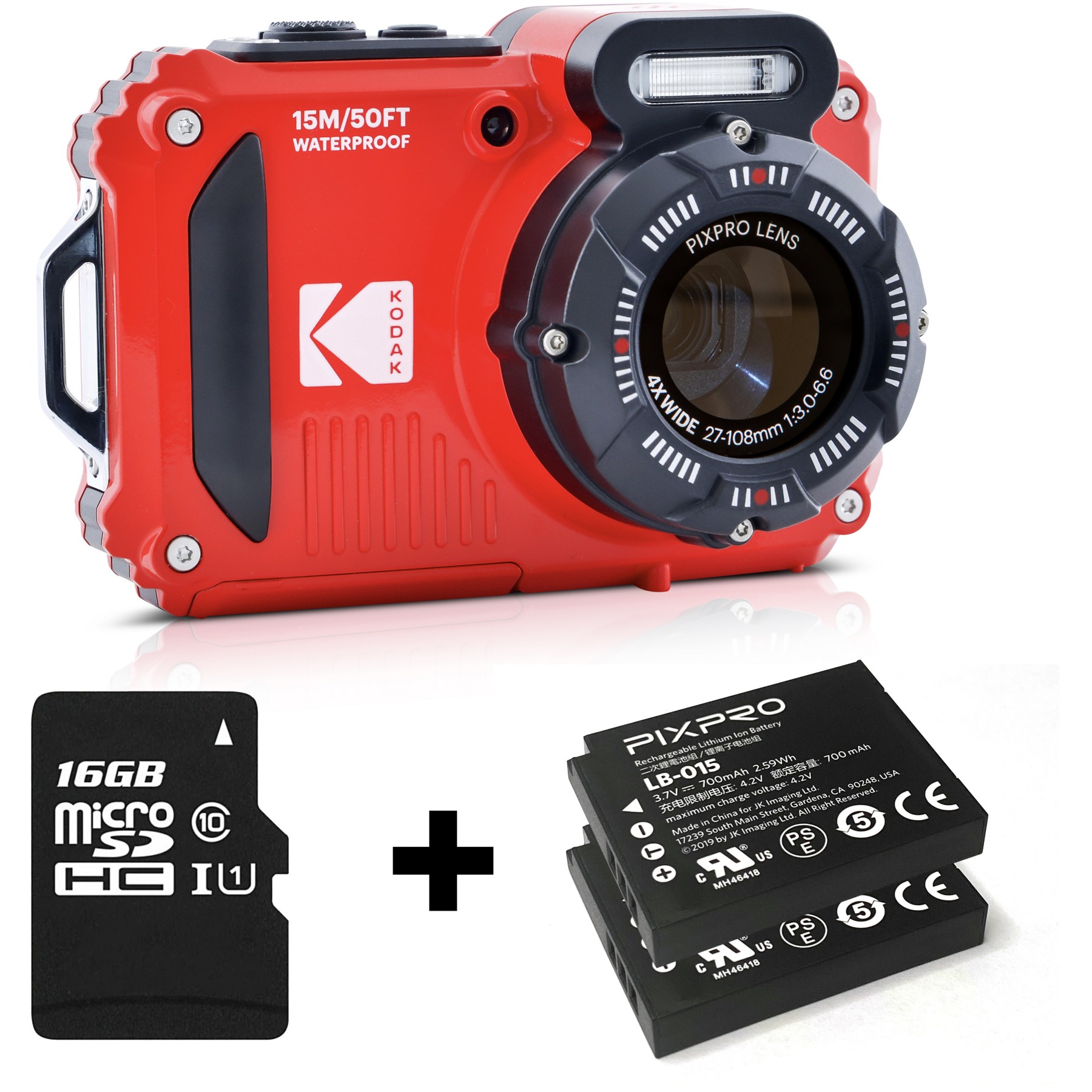 Appareil photo Compact KODAK WPZ2 Rouge Pack 2e batterie+carte SD 16g