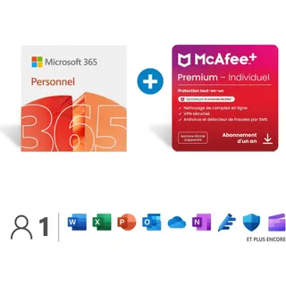 Logiciel de bureautique MICROSOFT M365 Personnel 2025 + McAfee+ Individual